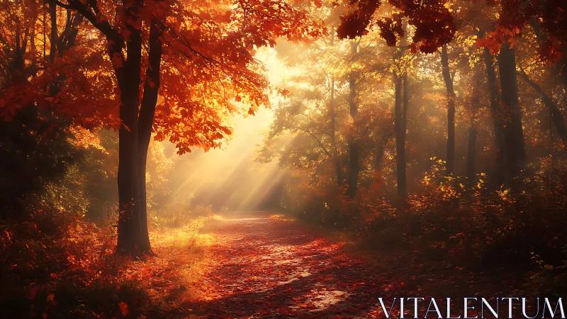 Autumn Forest Path Illuminated by Golden Sunlight.
