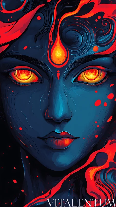 Fiery eyed goddess portrait in neon blue and red flames.
