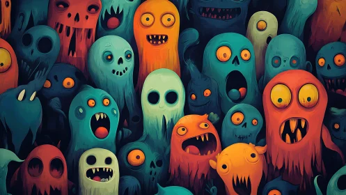 Colorful cartoon ghosts crowd into a chaotic, spooky swarm.