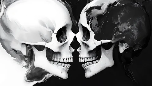 Monochrome twin skulls in mirrored digital painting composition.