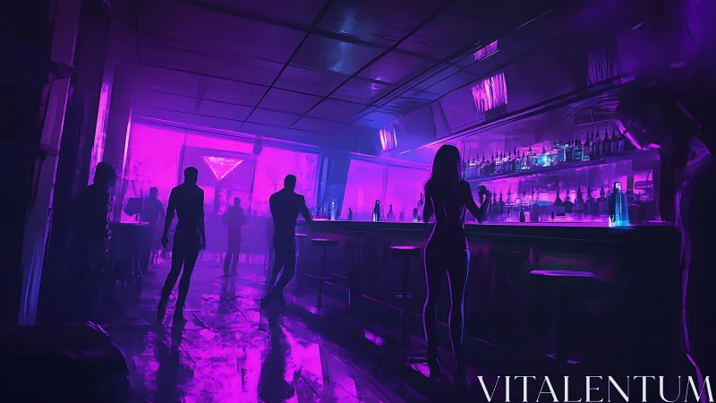 Neon soaked lounge glows as silhouettes drift through night