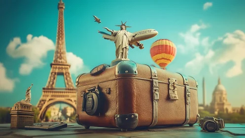 Travel icons and luggage are arranged in a stylized scene