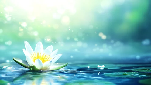 Gentle white water lily glows softly on calm blue water