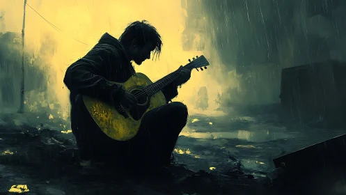 Solitary street guitarist in rain with moody yellow light.