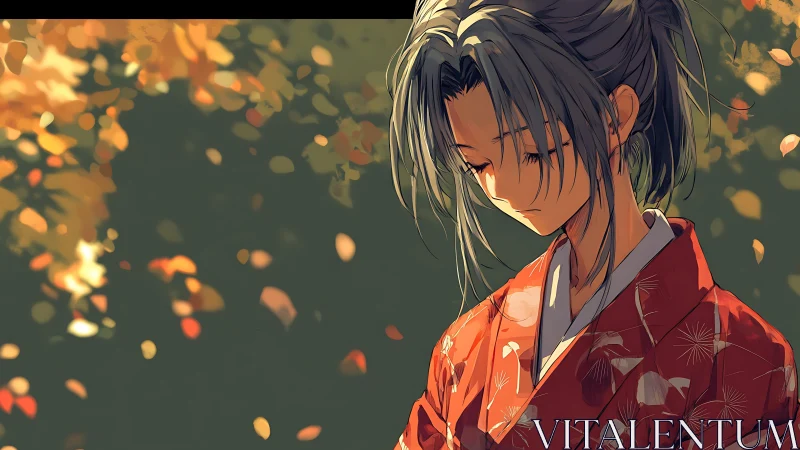 Melancholic kimono portrait under defocused autumn foliage light