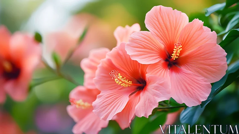 Pink hibiscus flowers with yellow stamens in natural garden setting