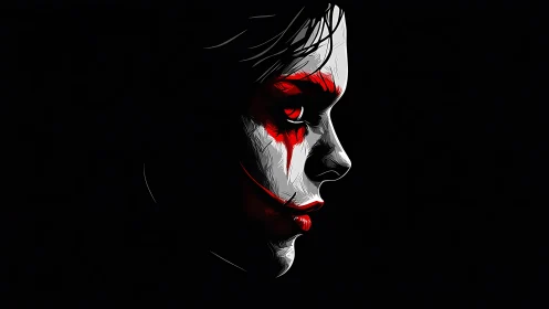 Side profile portrait shows stylized clown makeup on face