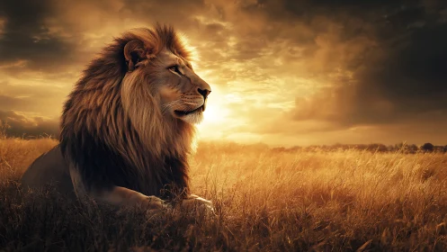 Majestic lion resting under glowing savanna sunset.