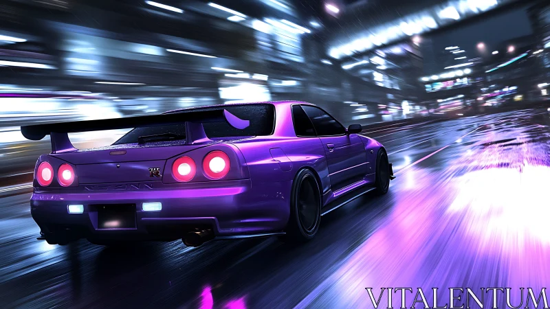 Neon-illuminated Nissan Skyline GT-R in high-speed motion blur.