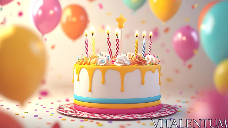 Volumetric Birthday Cake with Layered Frosting and Star Topper.