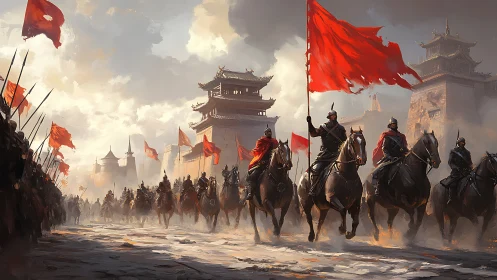 Armored cavalry with red banners ride past fortified city