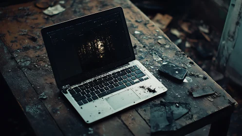 Weathered laptop on ruined workbench with cinematic lighting.
