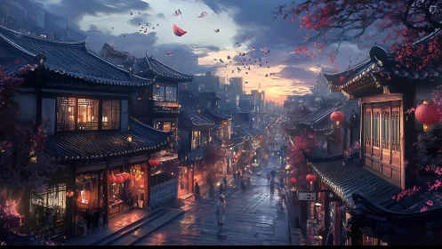 Lantern-lit ancient street glows at dusk beneath falling petals.