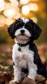 Bright-eyed black and white puppy enjoys a golden autumn day