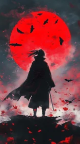 Lone wanderer stands beneath a blazing crimson moon.