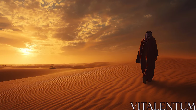 Golden desert wanderer walks toward a quiet glowing sunset