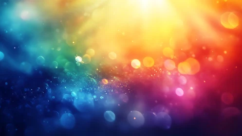Vibrant Abstract Bokeh Lights in Rainbow Gradient Background.