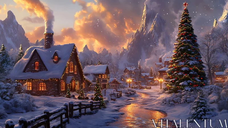 Snowy mountain village glows under warm Christmas lights