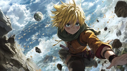 Blond anime adventurer climbs rocky cliff above cloudscape