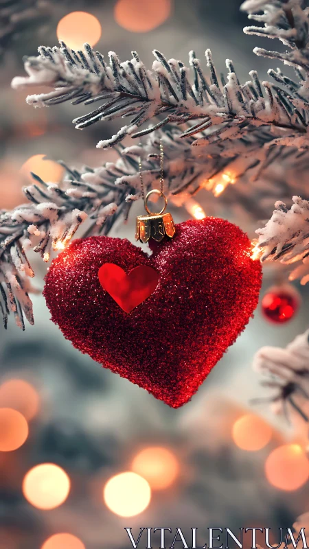 Glittering red heart ornament glowing on snowy pine branch.