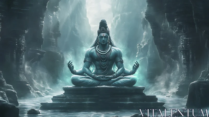 Monochrome cyan deity sculpture meditates in volumetric cave haze