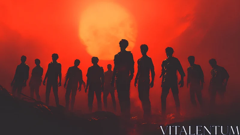 Silhouetted zombie horde under intense red sunset.