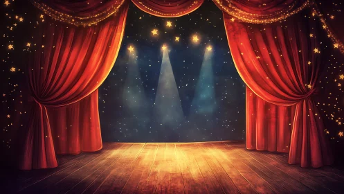 Enchanted theater stage glows under starry spotlights.