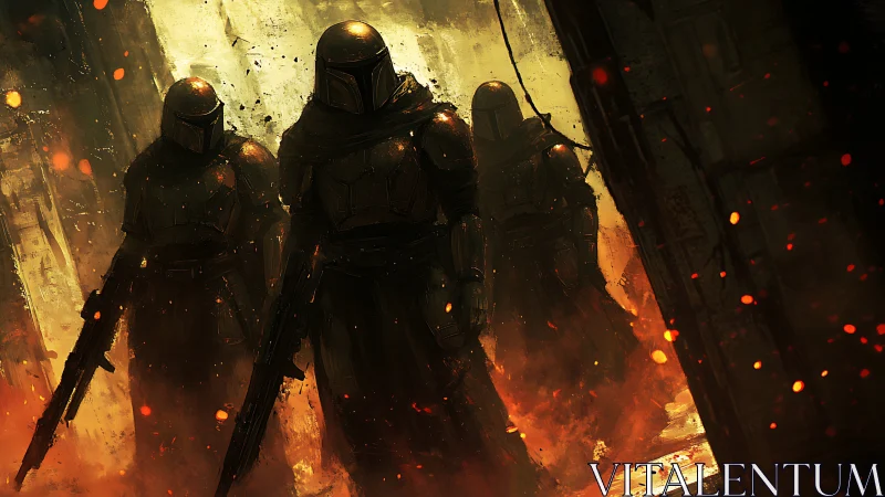 Armored warriors advance through burning industrial corridor.