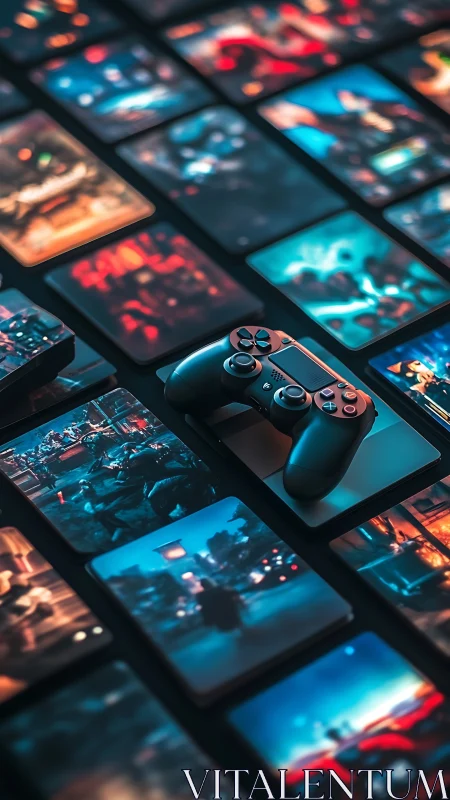 Gaming controller displayed among illuminated mobile devices.