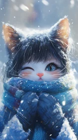 Anthropomorphic cat in winter clothing amid snowfall.