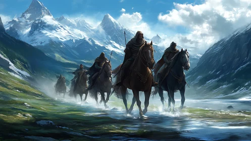 Mounted cloaked riders traverse glacial valley under diffuse alpine light