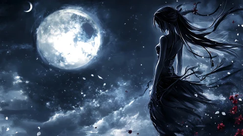 Silhouetted female figure under large moonlit night sky.