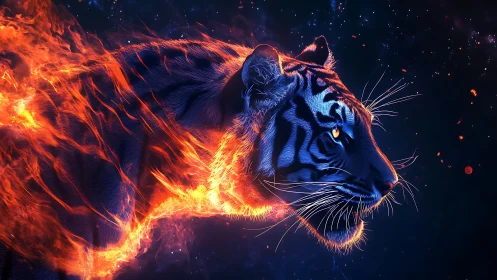 Fiery tiger profile blazes through deep cosmic night
