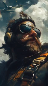 Storm-chasing pilot gazes skyward in bold painted portrait.