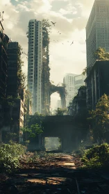 Sunlit ruined city where gentle greenery slowly returns.