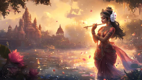 Flute-sweet dusk turns temple reflections into liquid prayer