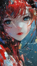 Cyborg girl stares through fractured glass in vivid color