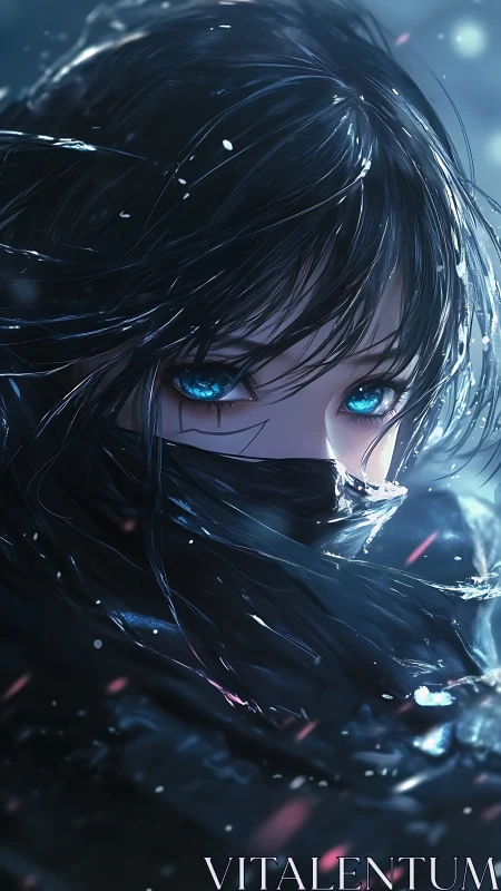 Midnight wind coils around the blue-eyed shadow sentinel