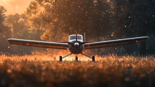 Light aircraft rests in glowing meadow under warm sunset rain