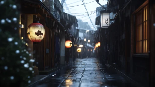 Rain-soaked Kyoto alleyway with glowing paper lanterns at dusk.