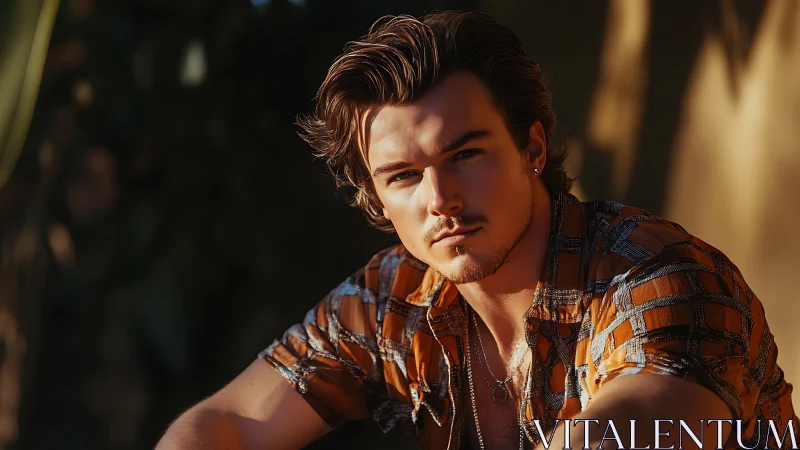 Moody portrait under golden hour light with patterned shirt.
