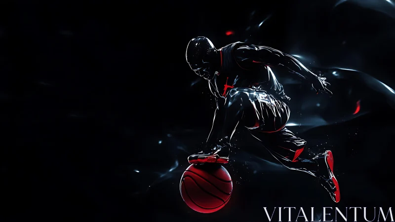 Dynamic neon basketball crossover in high-contrast lighting.