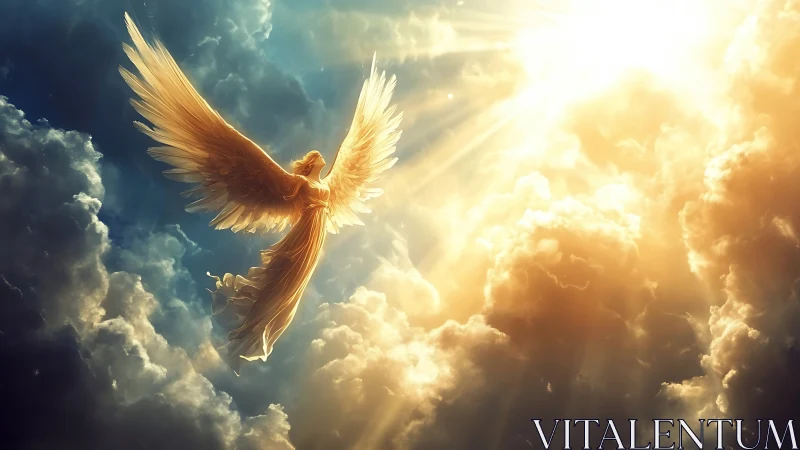 Radiant golden angel rising gently through glowing clouds.