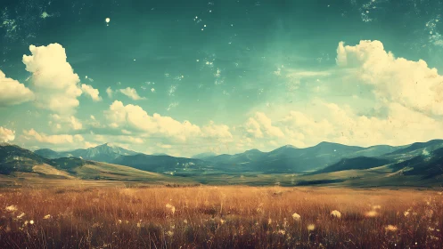 Wide-angle prairie panorama with stylized mountainous horizon.