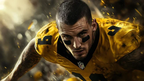 Intense football player charges forward through flying debris