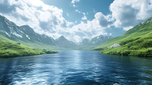 Sky-swept alpine lake cradled by emerald whispering hills.