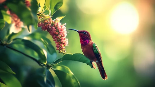 Vibrant hummingbird sipping nectar in sunlit garden, realistic style.