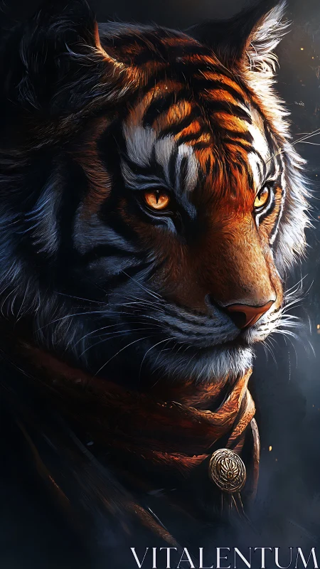 Digital painting portrait of a regal, cloaked tiger guardian.
