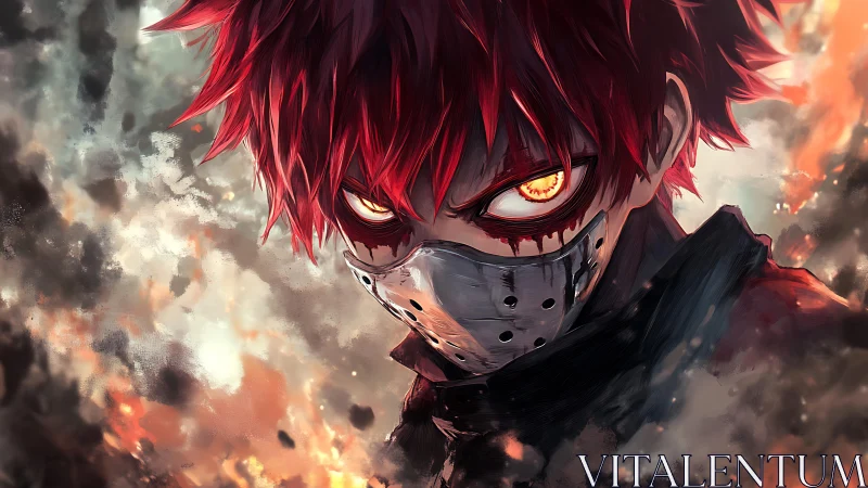 Masked anime antihero with burning eyes in smoky chaos.