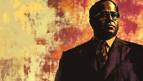 Stoic man in suit stands against fiery abstract backdrop